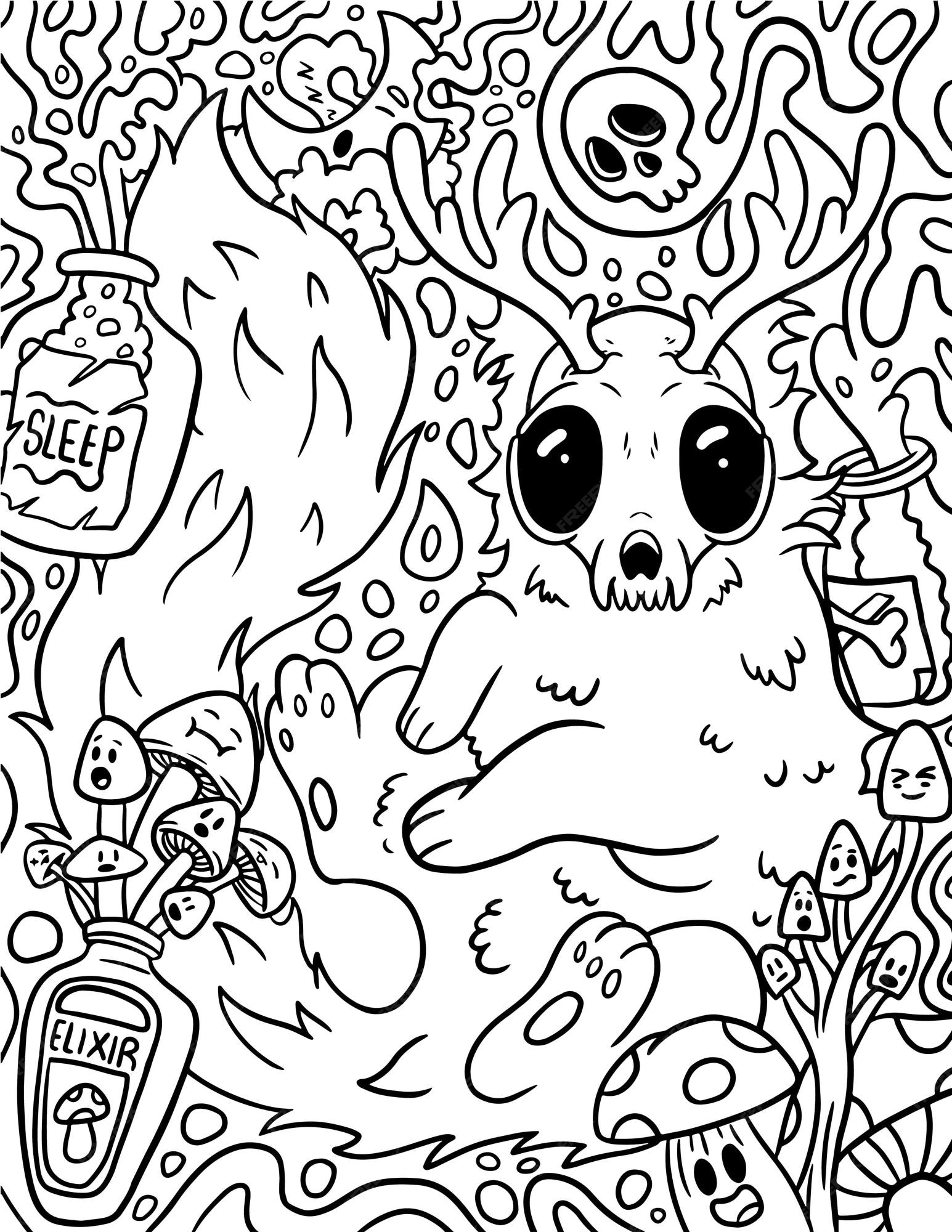 Premium vector hand drawn pastel goth coloring page creepy spooky kawaii coloring pages
