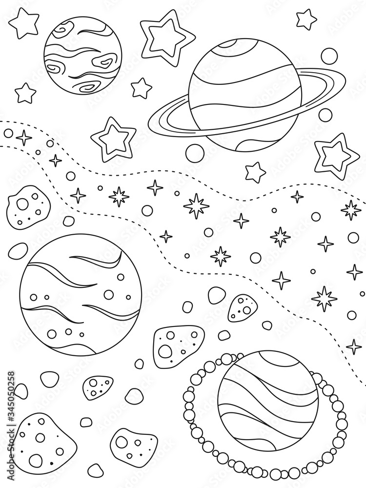 Coloring page with different planets asteroids nebulae and stars black elements on a white background vector design template for kids coloring book print and poster entertainment and recreation vector