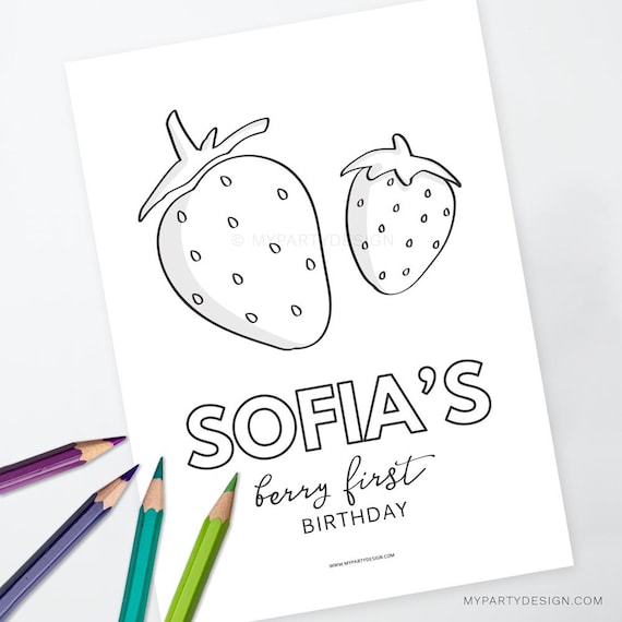 Strawberry party coloring page berry first birthday activity summer fruit party decor instant download printable editable pdf