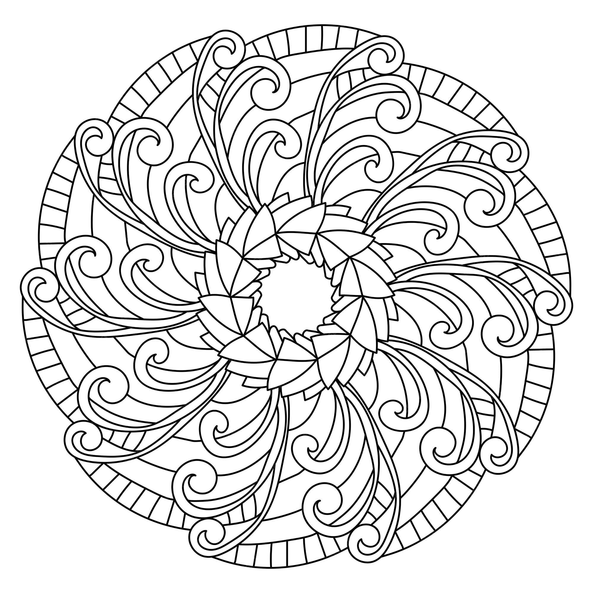 Premium vector mandala coloring page with curls and symmetrical stripes illustration for meditative coloring