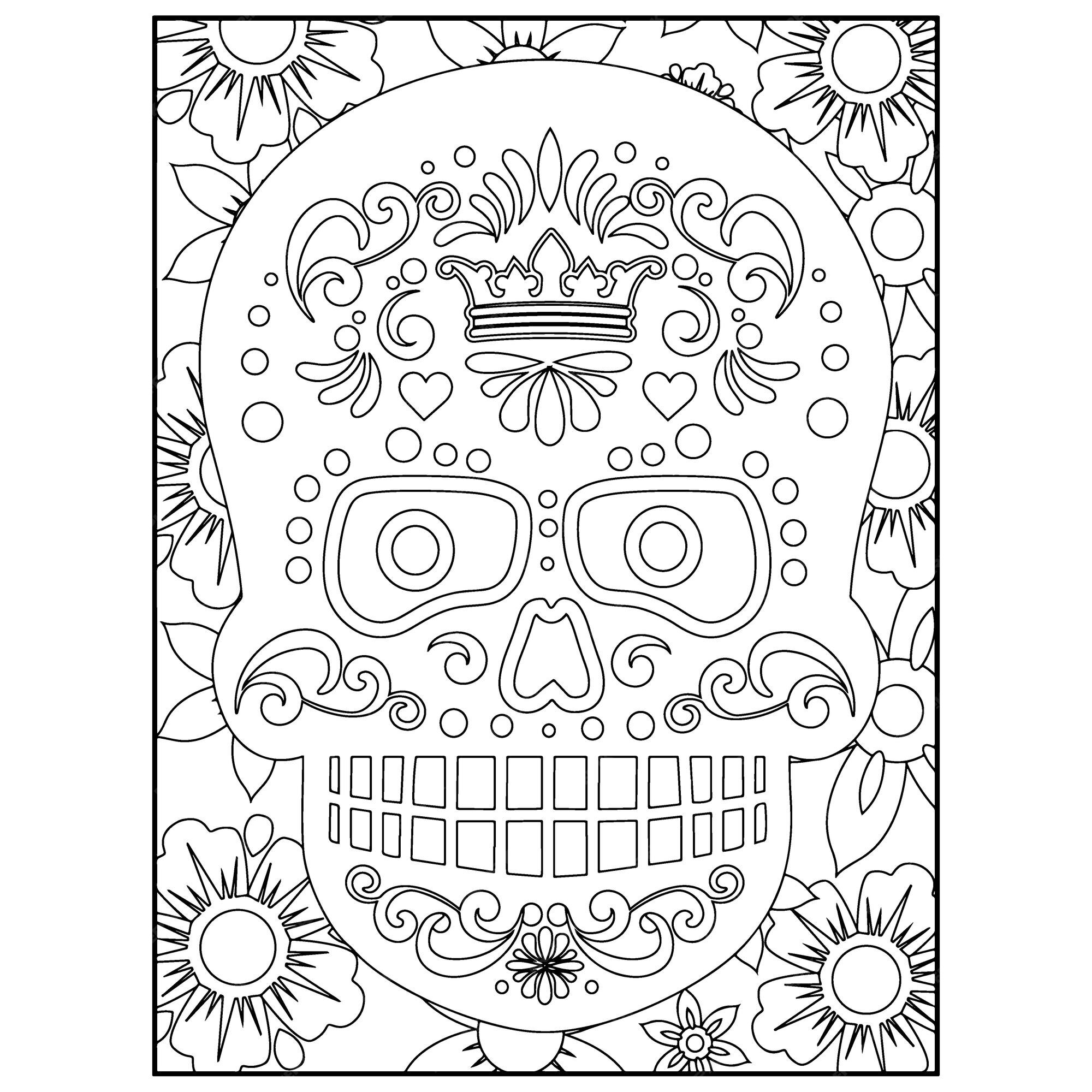 Premium vector sugar skull coloring pages for adult