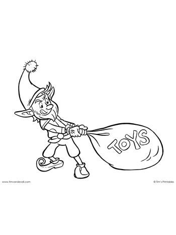 Christmas coloring page â elf pulling bag of toys â tims printables
