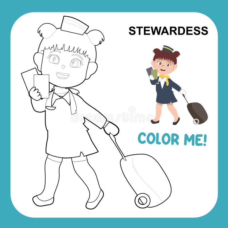 Coloring page for toddlers with the kids dream job theme the cute stewardess stock vector