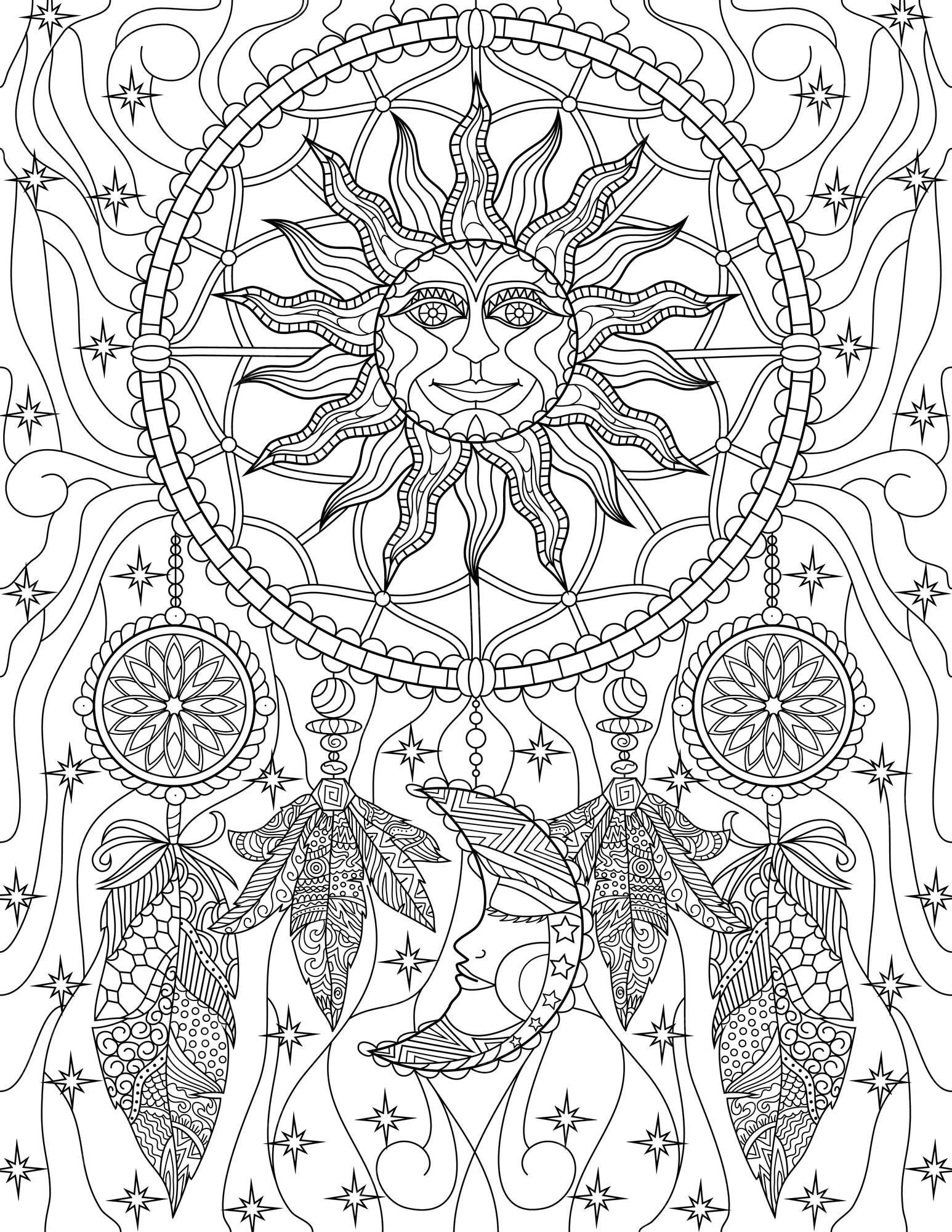 Premium vector coloring book page with dreamcatcher with sun and moon details sheet to be colored with handmade willow hoop with hanging feathers and glowing background