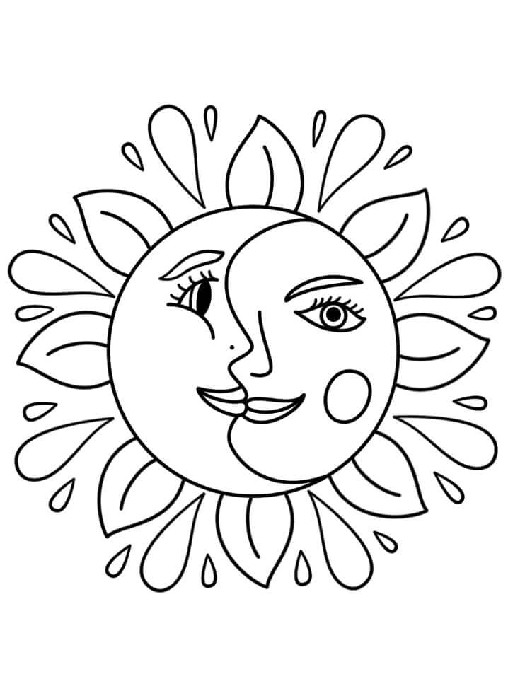Sun and moon trippy coloring page