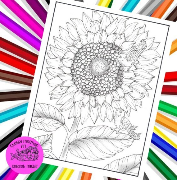 Printable pdf sunflower and birds coloring page fall pumpkins and leaves