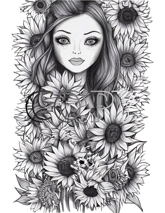 Cute sunflower girl coloring page instant download printable file jpeg