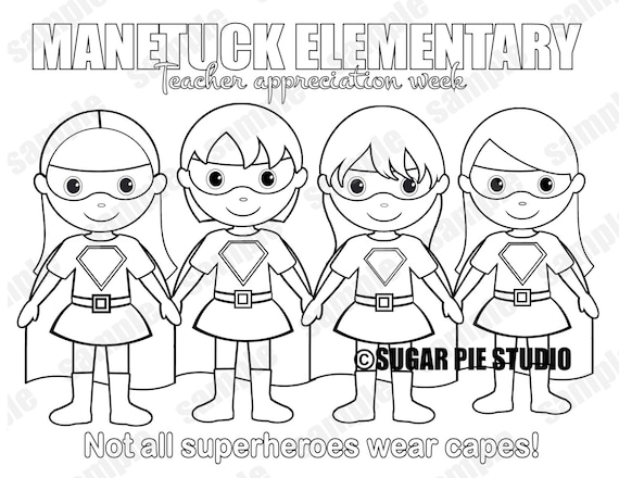 Superhero teacher appreciation coloring page personalized printable pdf or jpeg file