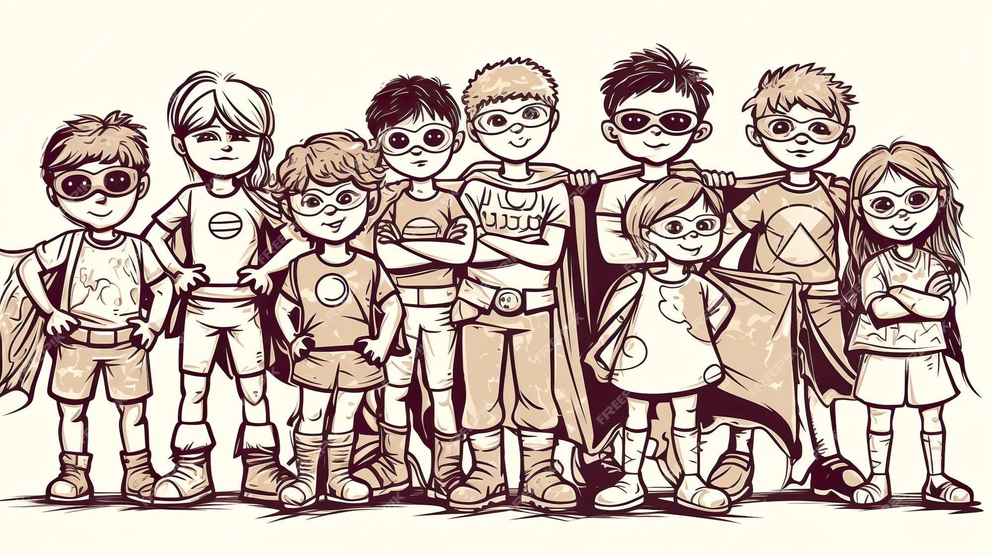 Premium photo a group of superheroes kids coloring page vector blank printable design for children to fill in