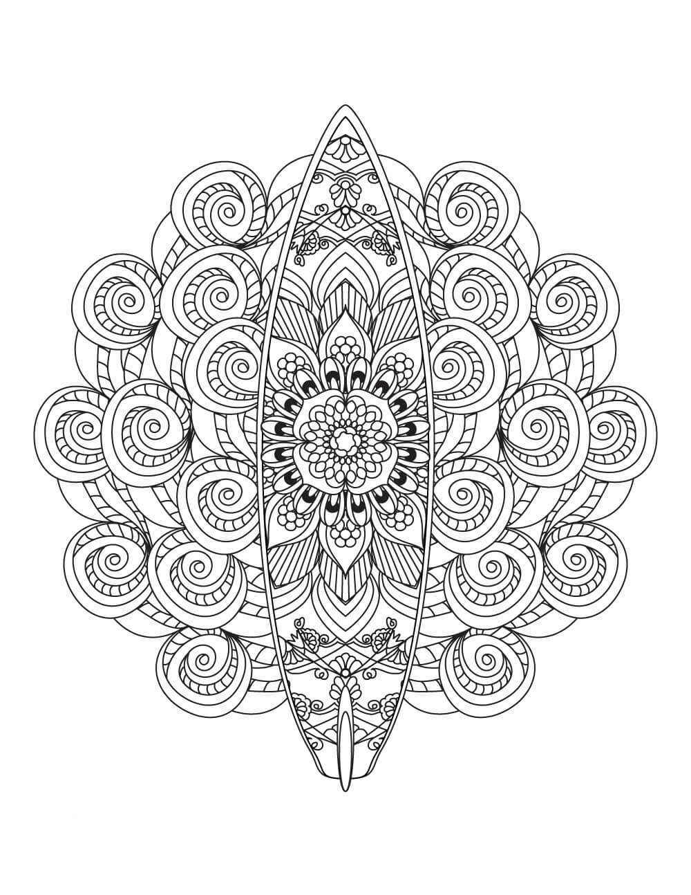Summer beach surfboard mandala coloring page