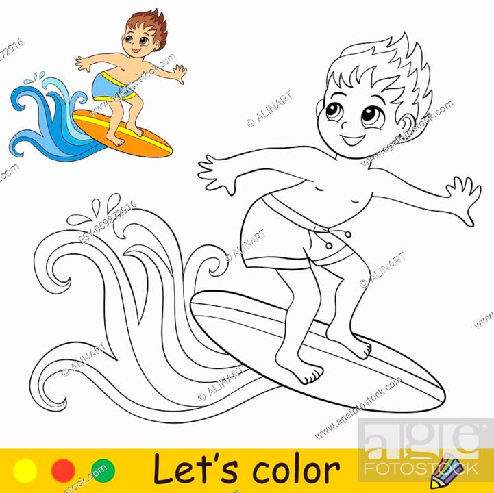 Cute cartoon man catches a wave on a surfboard coloring book page with colorful template for kids stock vector vector and low budget royalty free image pic esy