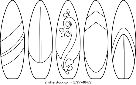 Surfboards collection black white coloring page stock illustration
