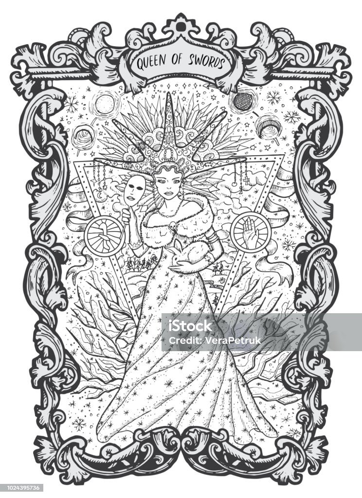 Queen of swords minor arcana tarot card stock illustration