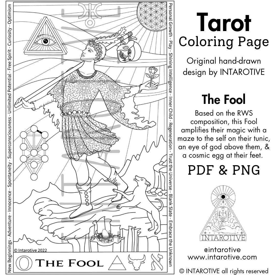 The fool tarot coloring page intarotive meditative practice adult coloring page printable tarot card learn tarot free spirit