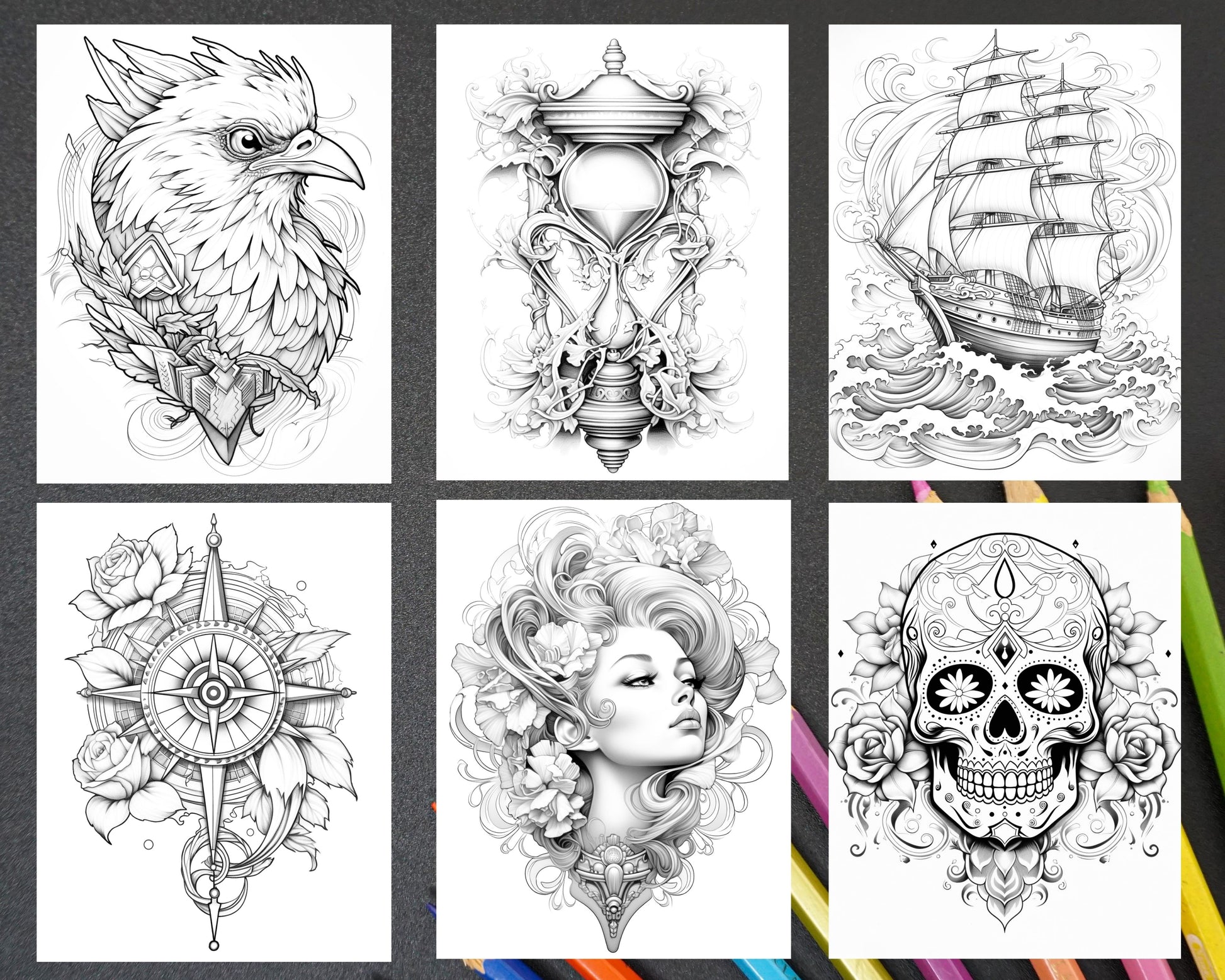 Beautiful tattoos grayscale coloring pages printable for adults pd â coloring