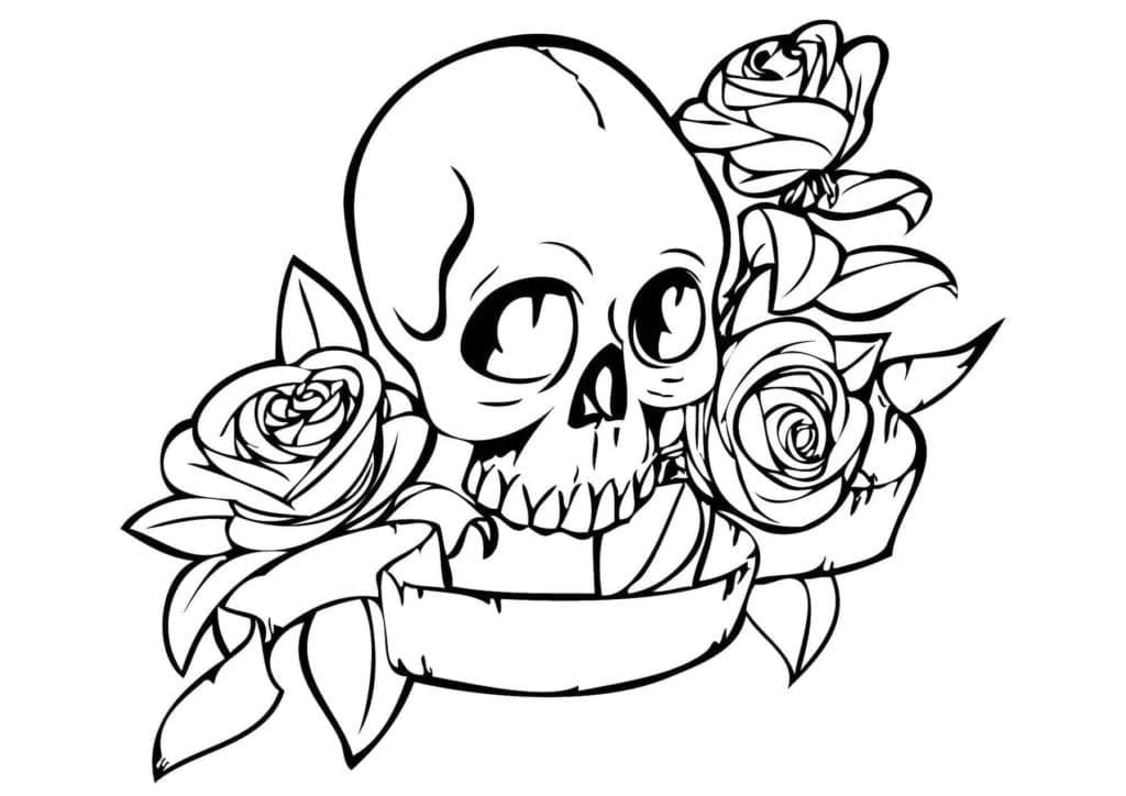 Flowers and skull tattoo coloring page