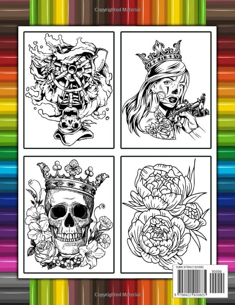 Tattoo adult coloring book a wonderful collection of skulls tigers dragonsroses feather illustrations for adults