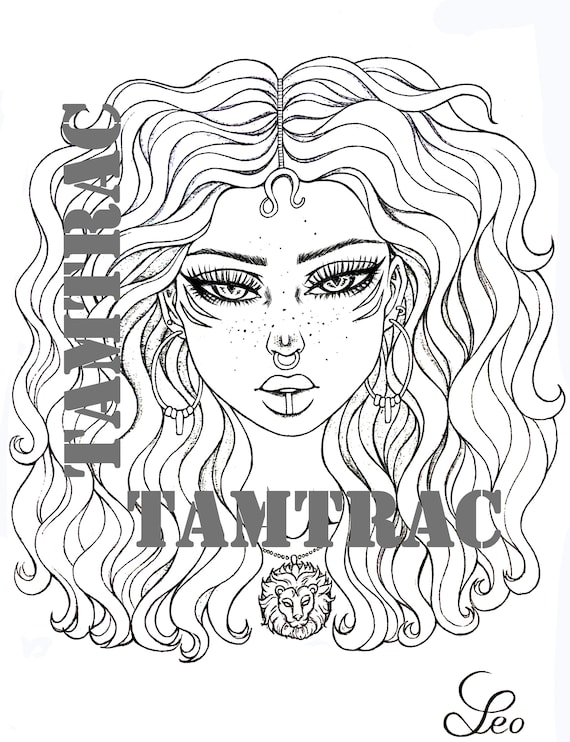 Coloring page leo zodiac girl signs a printable adult tattoo colouring pages book instant digital download illustration pdf
