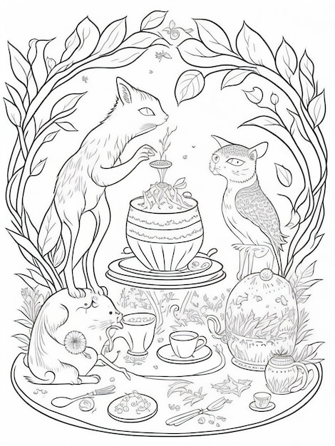Premium vector embark on a whimsical tea party printable coloring page for kids