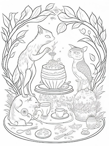 Premium vector embark on a whimsical tea party printable coloring page for kids