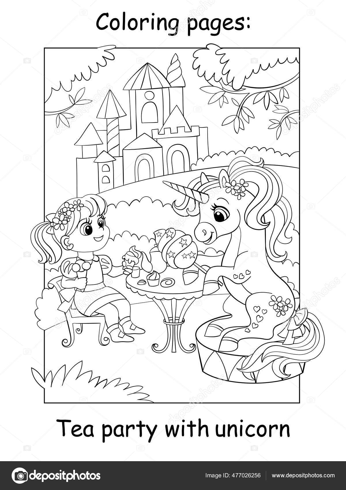 Coloring book page princess and unicorn drink tea with sweets stock vector by alinart