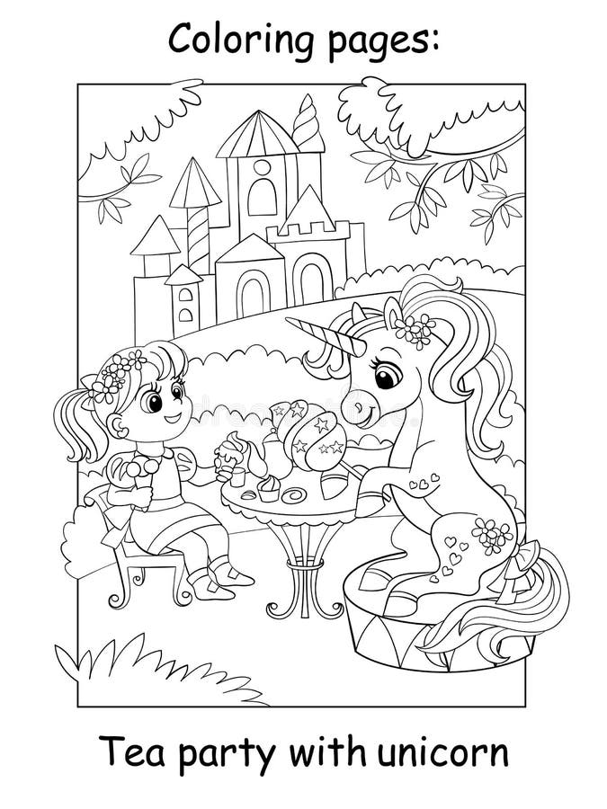 Coloring book page princess and unicorn drink tea with sweets stock vector