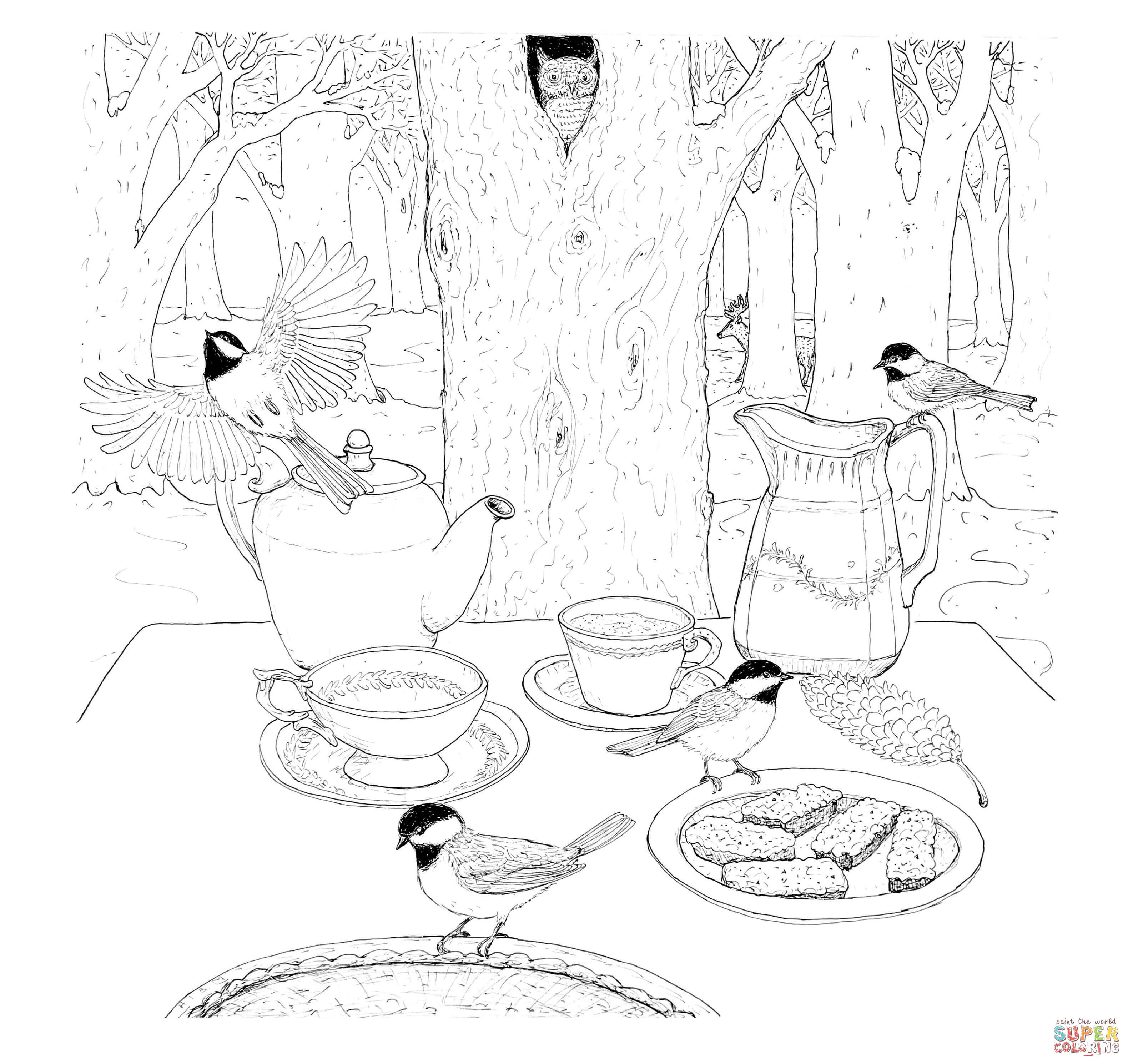 Birds at tea party coloring page free printable coloring pages