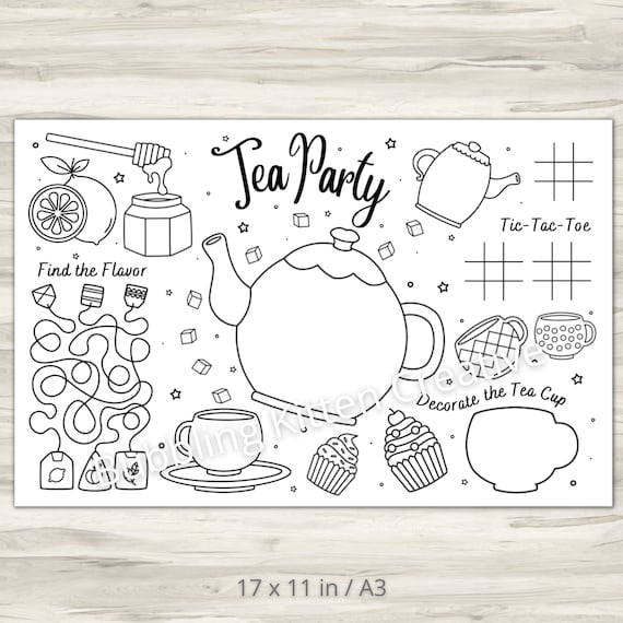 Kids tea party activity coloring sheet tea party printable party decoration download now