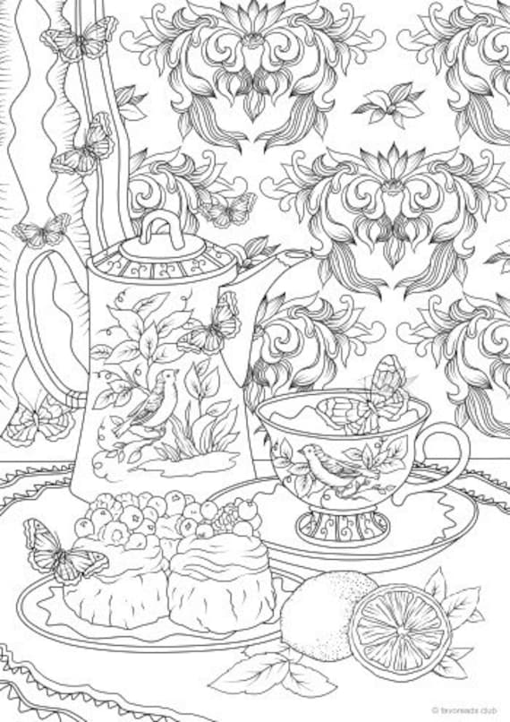 Tea set printable adult coloring page from favoreads coloring book pages for adults and kids coloring sheets coloring designs