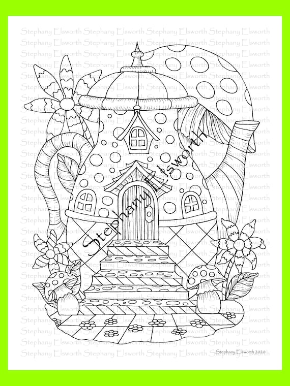 Wonderland teapot fairy house printable coloring page