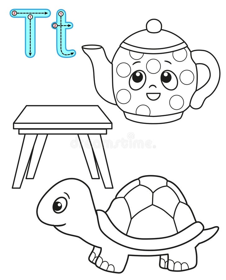 Printable coloring page for kindergarten and preschool card for study english vector coloring book alphabet letter t stock vector