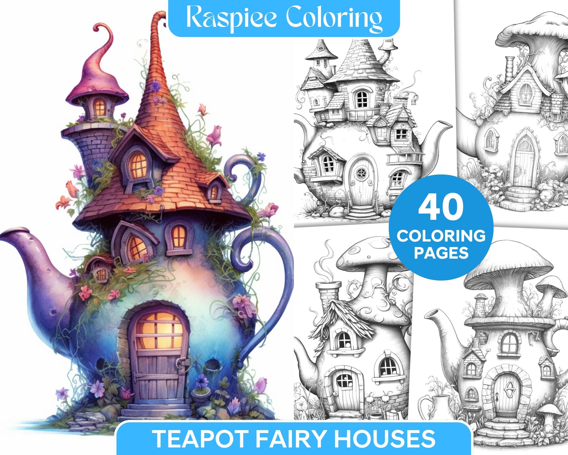 Teapot fairy houses grayscale coloring pages printable for adults â coloring