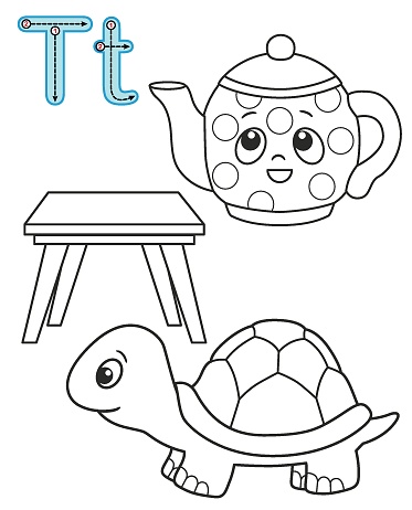 Letter t teapot table turtle vector coloring book alphabet printable coloring page for kindergarten and preschool stock illustration