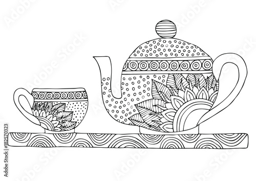 Teapot and cup set hand drawn picture sketch for anti