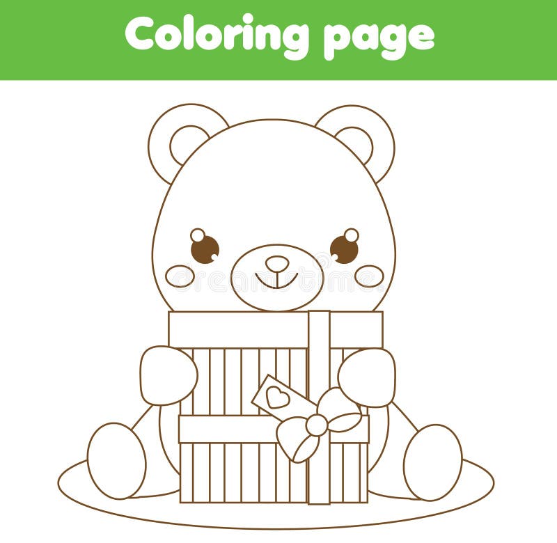 Coloring page with cute teddy bear holding gift drawing kids activity printable toddlers fun stock vector