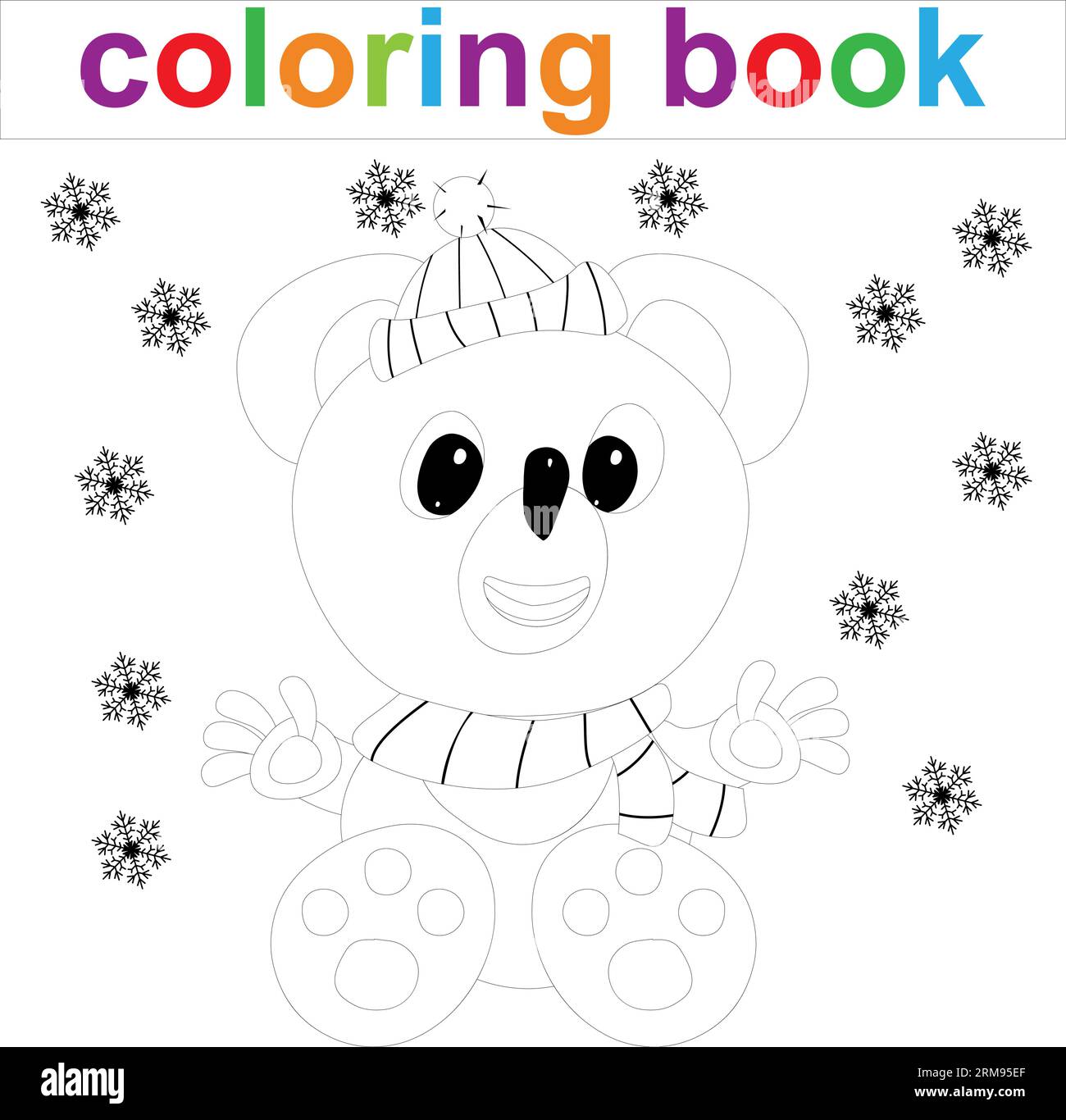 Coloring page template with cartoon teddy bear and snowflakes for kids vector illustration stock vector image art
