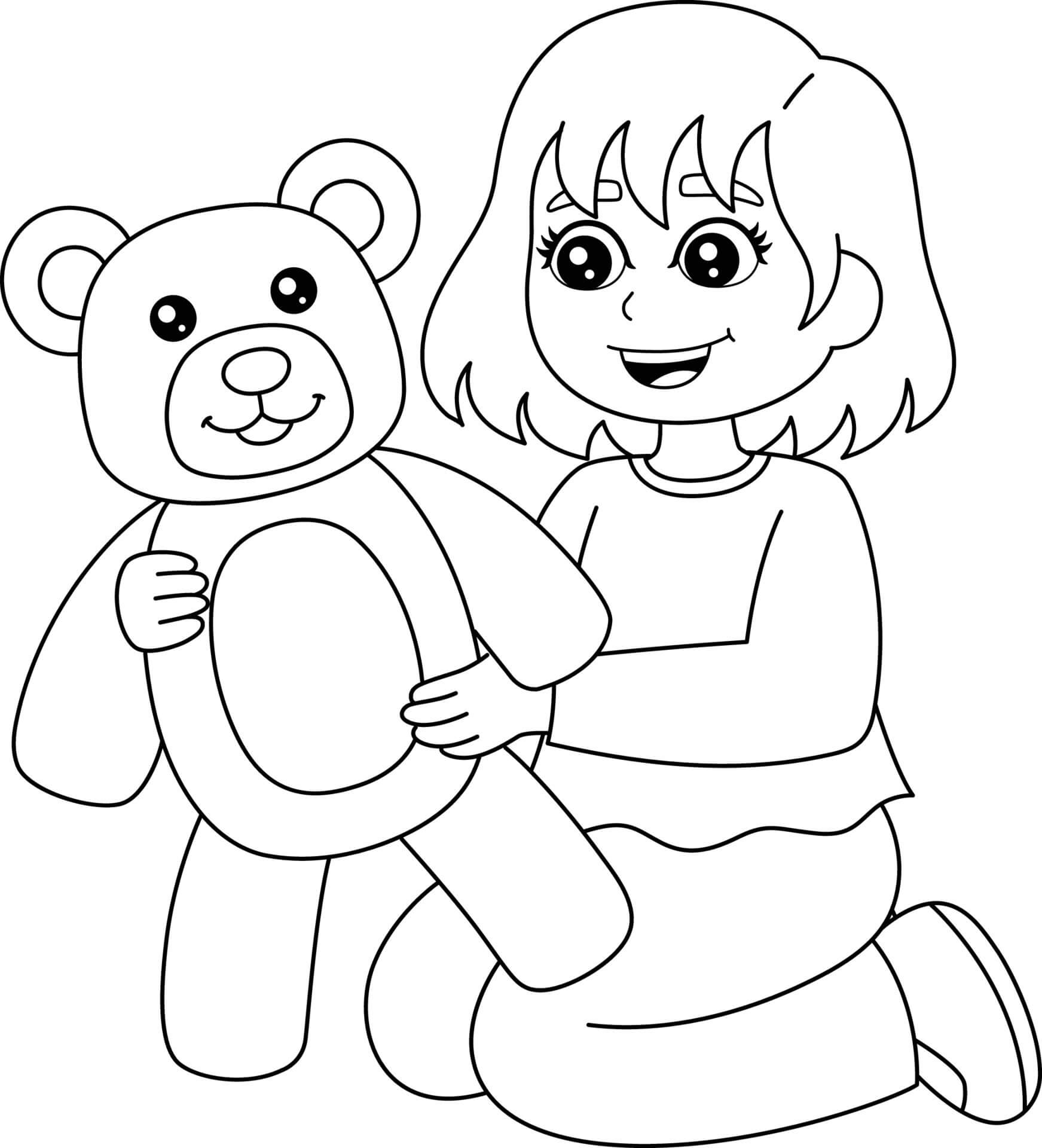 Fun girl holding teddy bear coloring page