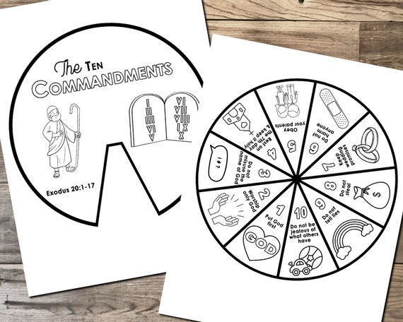 Ten mandments coloring wheel printable bible activity watercolor kids bible lesson memory game sunday school