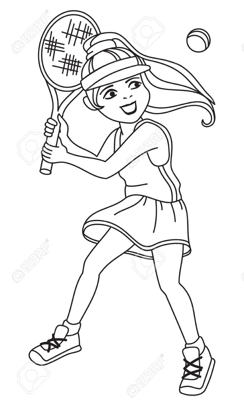 Smiling little girl is playing tennis printable coloring page for kids royalty free svg cliparts vectors and stock illustration image