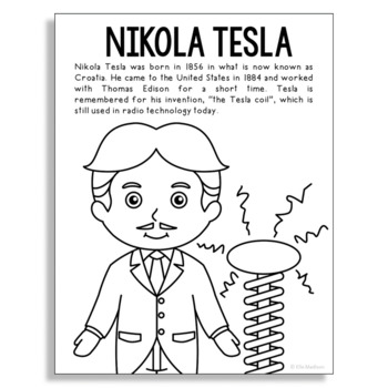 Nikola tesla inventor coloring page poster craft stem worksheet activity
