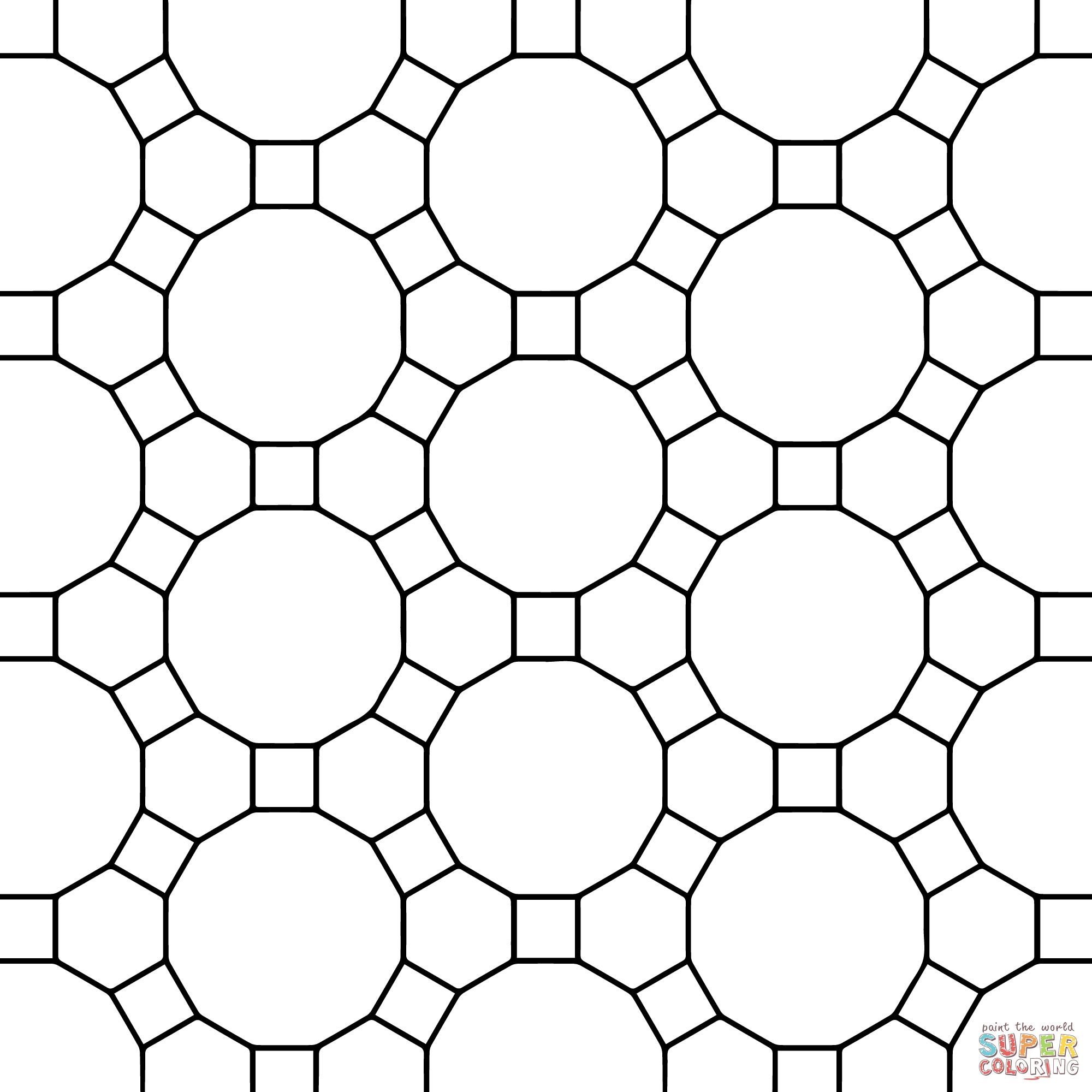 Tessellation with hexagon dodecagon and square coloring page free printable coloring pages