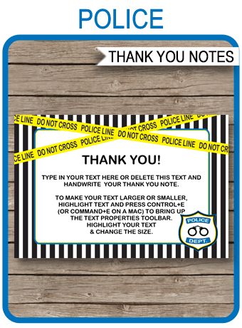 Printable police birthday party thank you note cards police theme party