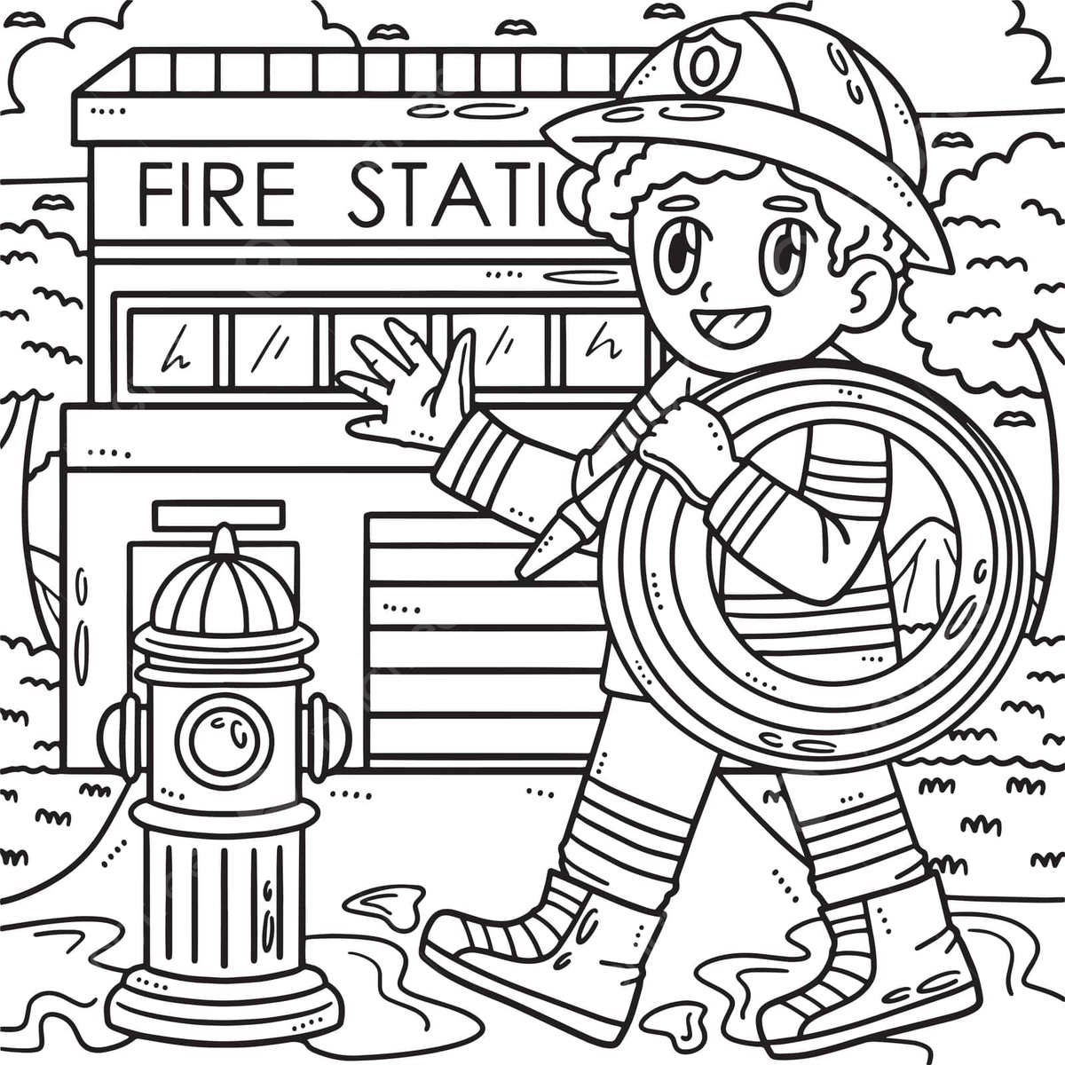 Firefighter with hose coloring page for kids on labor day vector design celebration labourers png and vector with transparent background for free download