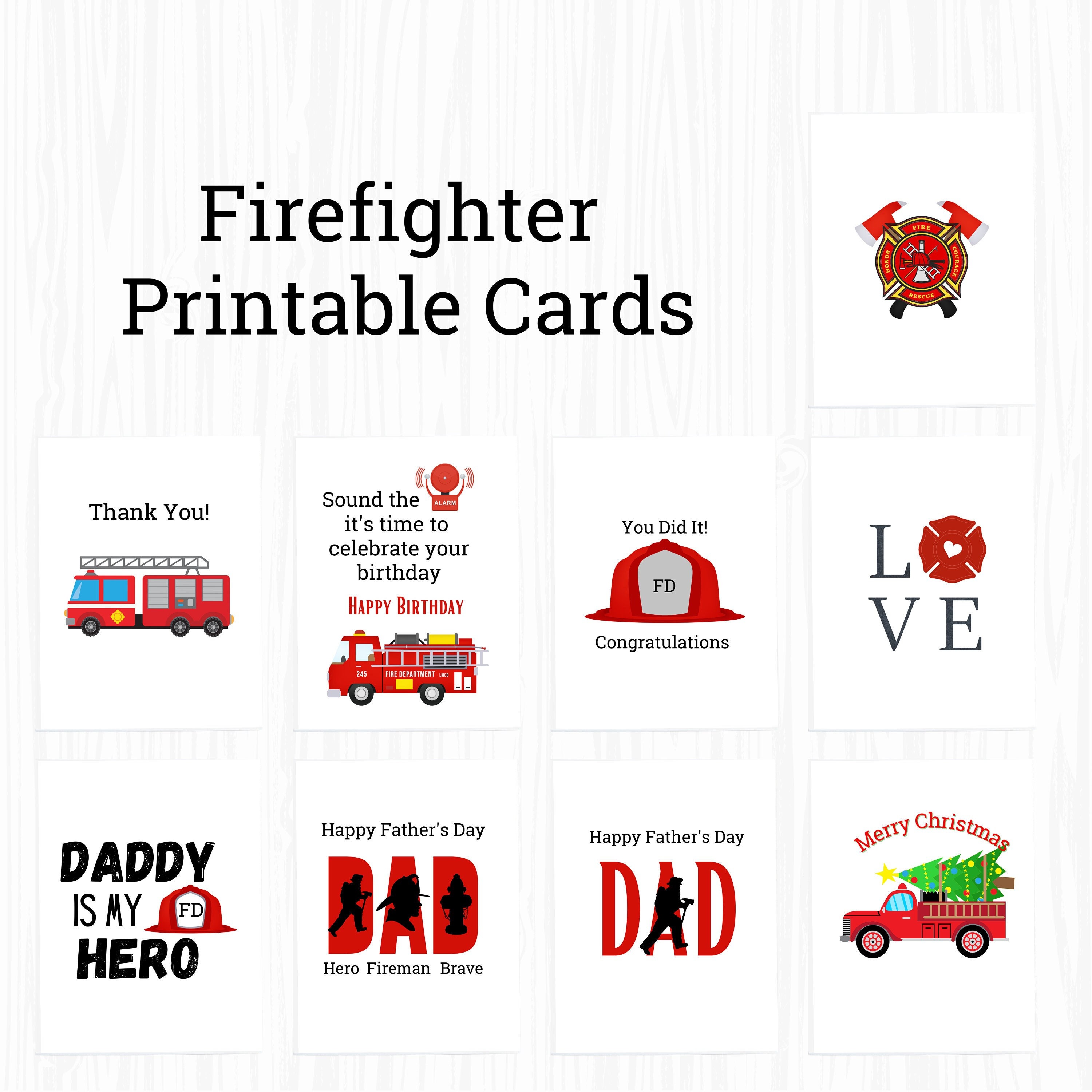 Holiday seasonal holiday seasonal cards firefighter printable cards christmas card anniversary card thank you card graduation card set fireman card set instant download