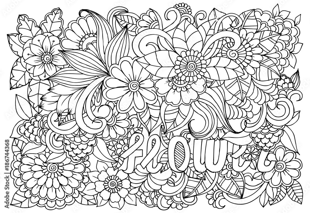 Black and white flower pattern for adult coloring book doodle floral drawing art therapy coloring page printable card vector