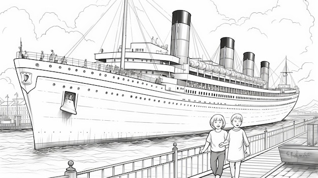 Premium ai image coloring page lady and boy in front of big ship