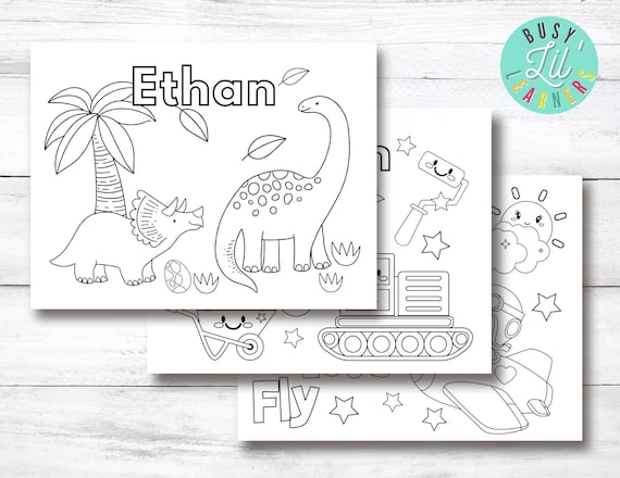 Personalized coloring pages dinosaurs construction and airplanes printable coloring sheets homeschool preschool toddler games