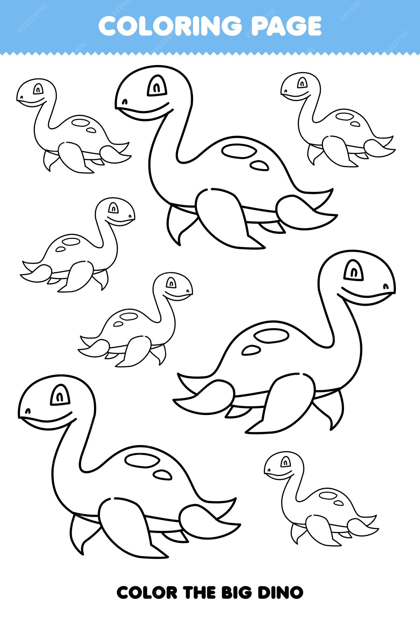 Premium vector education game for children coloring page big or small picture of cute cartoon prehistoric dinosaur plesiosaur line art printable worksheet
