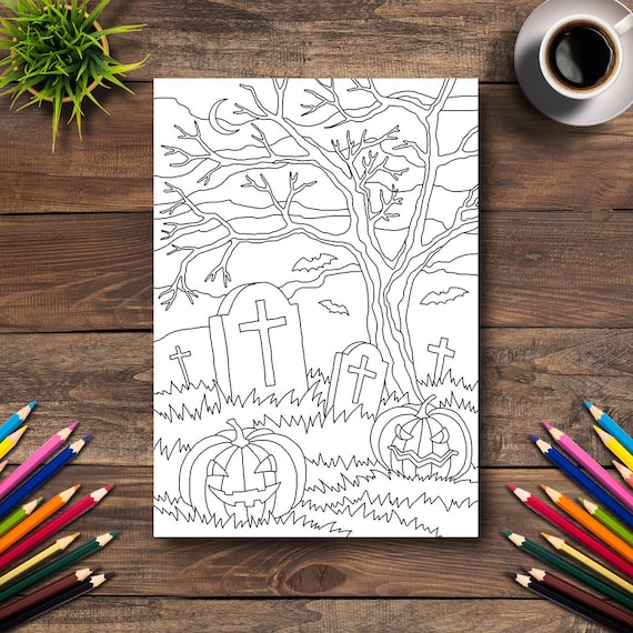 Halloween coloring page digital printable pdf illustration day of the dead art adult coloring book pumpkin gravestone tombstone