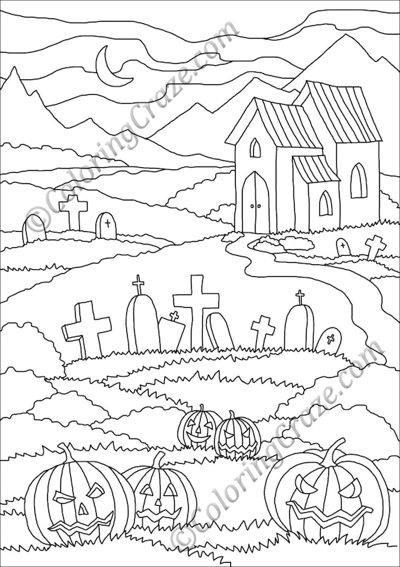Halloween coloring page digital printable pdf illustration day of the dead art adult coloring books graveyard tombstone pumpkin